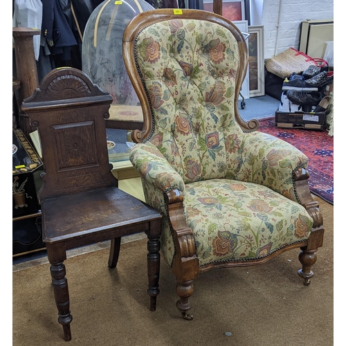 520 - A Victorian walnut armchair, together with an oak hall chair Location:A2B