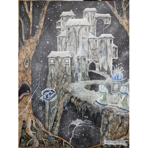 436 - Jan Tom van Den Bergen (Dutch 1938-2008) - an illustrative fairyland castle with mythological creatu... 