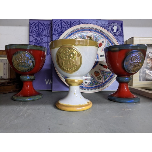 442 - Three Margery Clinton studio pottery lustre goblets commemorating Queen Elizabeth Silver Jubilee, tw... 