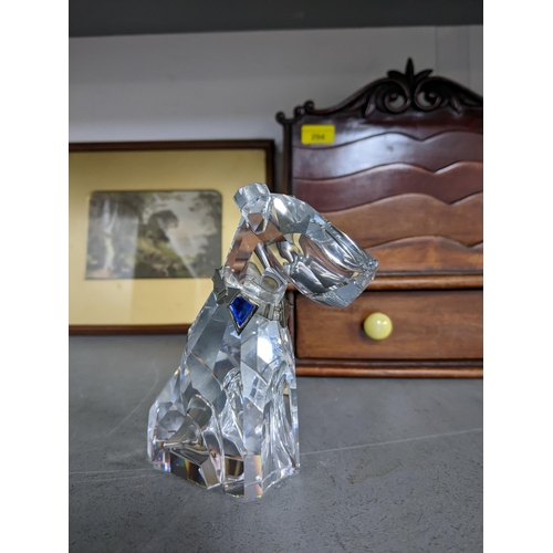 294 - A mixed lot to include a Swarovski crystal model of a seated terrier dog, Victorian brass and glass ... 