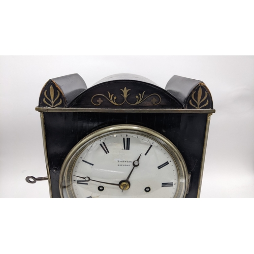 113 - A Regency 8 day bracket clock by Barwise, London, in an ebonized case with brass inlaid and pull rep... 