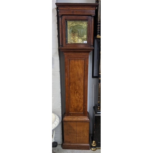 52 - An 18th century 30 hour oak cased longcase clock, the case having a stepped cornice and pillars flan... 