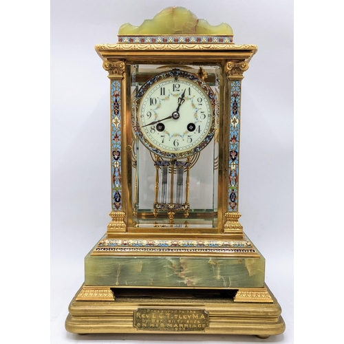 62 - A late 19th/early 20th century four glass onyx and cloisonne mantle clock, the case having Corinthia... 