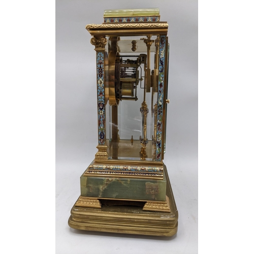 62 - A late 19th/early 20th century four glass onyx and cloisonne mantle clock, the case having Corinthia... 