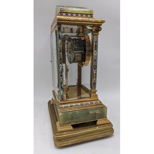 62 - A late 19th/early 20th century four glass onyx and cloisonne mantle clock, the case having Corinthia... 