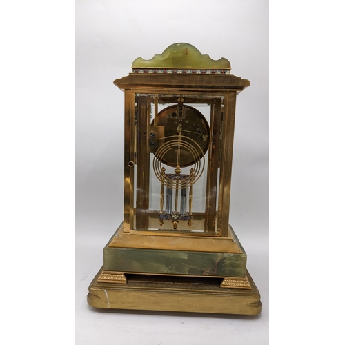 62 - A late 19th/early 20th century four glass onyx and cloisonne mantle clock, the case having Corinthia... 