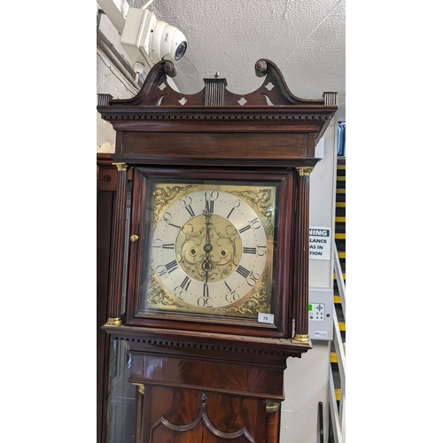 70 - A George III mahogany longcase clock, the case having a broken swan neck pediment above a dental mou... 