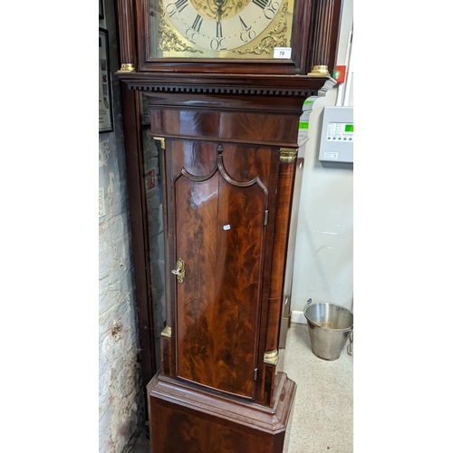 70 - A George III mahogany longcase clock, the case having a broken swan neck pediment above a dental mou... 