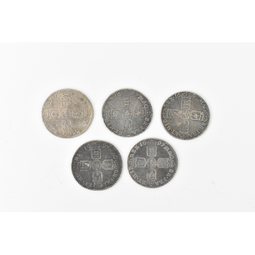 192 - Wreck coins - reputedly H.M.S Association - William III (1689-1702) Sixpence, a group of five sixpen... 