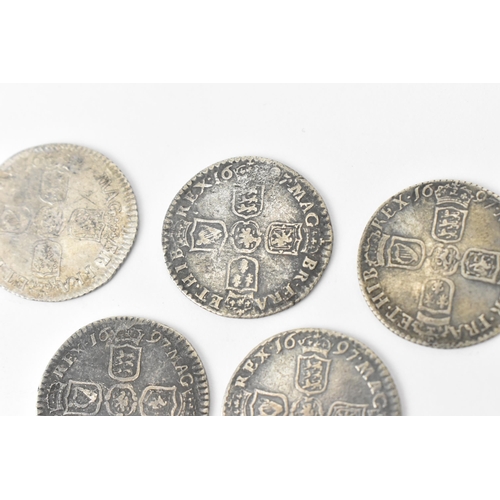 192 - Wreck coins - reputedly H.M.S Association - William III (1689-1702) Sixpence, a group of five sixpen... 