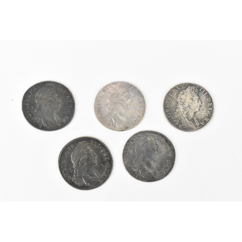 195 - Wreck coins - reputedly H.M.S Association - William III (1689-1702), Shillings, a group of five date... 