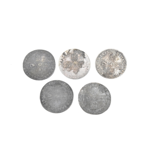 195 - Wreck coins - reputedly H.M.S Association - William III (1689-1702), Shillings, a group of five date... 