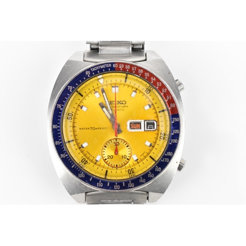 1 - A Seiko Pogue, chronograph, automatic, gents, stainless steel wristwatch, circa 1970s, having a yell... 