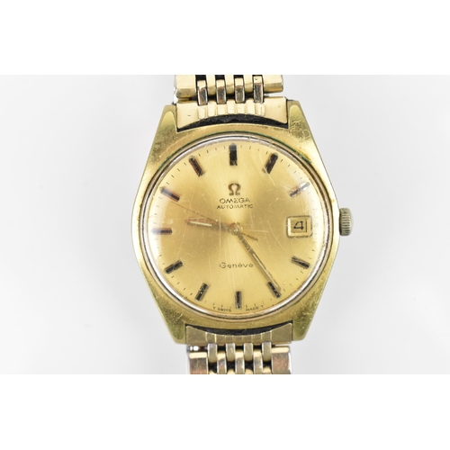 17 - An Omega, automatic, gents, gold plated vintage wristwatch, having a gilt dial with baton markers, c... 