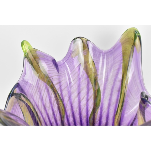 249 - Siddy Langley - A contemporary studio glass handkerchief vase with lattice purple and white streaks ... 