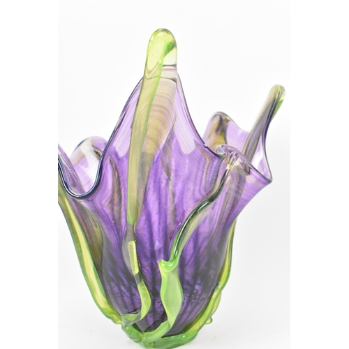 249 - Siddy Langley - A contemporary studio glass handkerchief vase with lattice purple and white streaks ... 