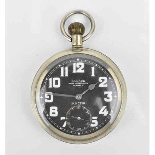 32 - An Omega, Royal Flying Corps Mark V, military pocket watch, the black dial having white Arabic numer... 