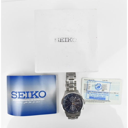 9 - A Seiko Chronograph 100m, quartz, gents, stainless steel modern wristwatch, having a blue dial with ... 