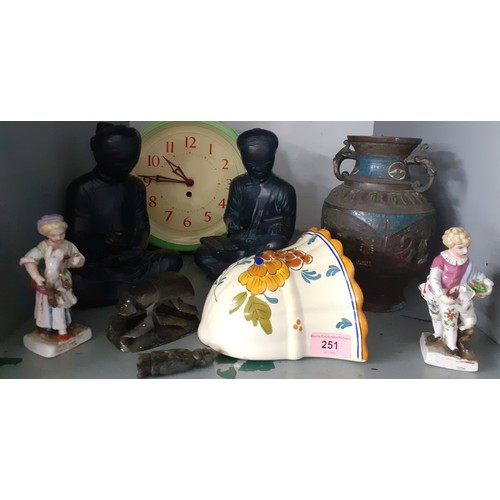 251 - Mixed ceramics to include a pair of porcelain figures stamped to bases, a floral painted wall hangin... 