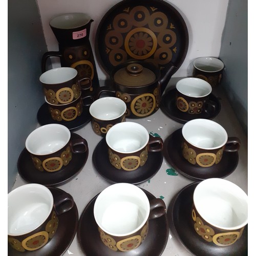 270 - A 1970's Denby pottery 'Arabesque' tea service, 10 setting (one cup handle A/F) to include hot water... 