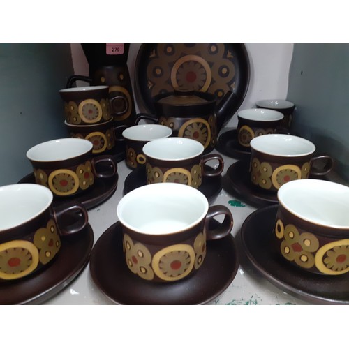 270 - A 1970's Denby pottery 'Arabesque' tea service, 10 setting (one cup handle A/F) to include hot water... 