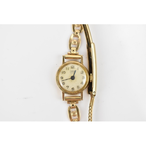 103 - A Tudor, manual wind, ladies, 9ct gold wristwatch, having a silvered dial with Arabic numerals and b... 