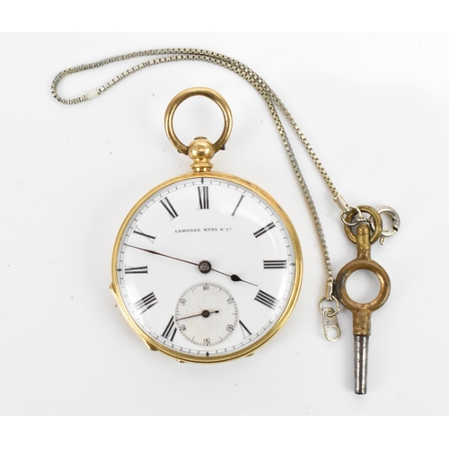 104 - A late 19th/early 20th century 18ct gold open faced fob watch, the white enamel dial having Roman nu... 