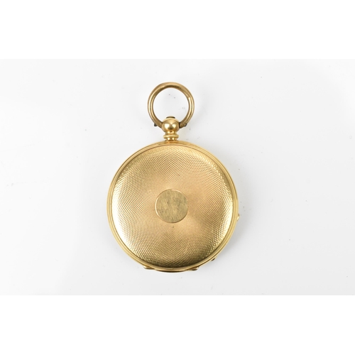 104 - A late 19th/early 20th century 18ct gold open faced fob watch, the white enamel dial having Roman nu... 