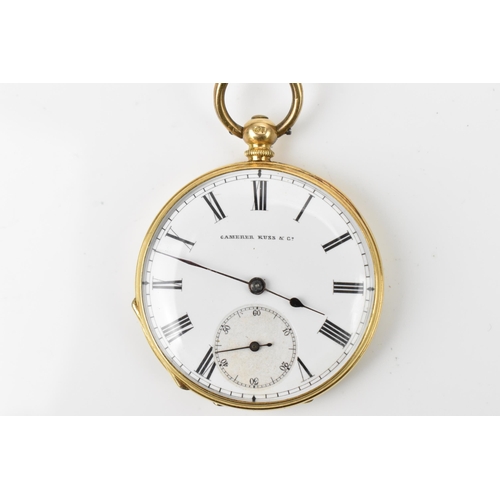 104 - A late 19th/early 20th century 18ct gold open faced fob watch, the white enamel dial having Roman nu... 