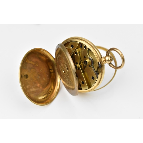 104 - A late 19th/early 20th century 18ct gold open faced fob watch, the white enamel dial having Roman nu... 