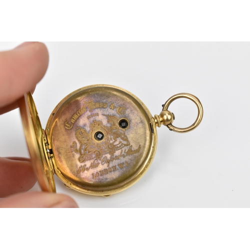 104 - A late 19th/early 20th century 18ct gold open faced fob watch, the white enamel dial having Roman nu... 