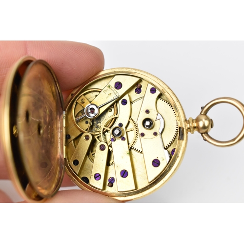 104 - A late 19th/early 20th century 18ct gold open faced fob watch, the white enamel dial having Roman nu... 