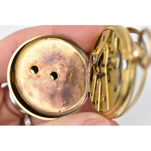 104 - A late 19th/early 20th century 18ct gold open faced fob watch, the white enamel dial having Roman nu... 