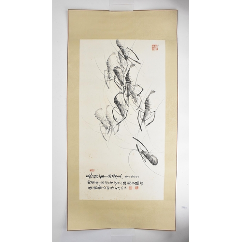 155 - An early 20th century black ink painting in the style of Qi Baishi (1864-1957), depicting shrimp, wi... 