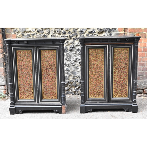 250 - A pair of 19th century Ceylon ebonised, ivory and brass inlaid side cabinets, the rectangular top wi... 