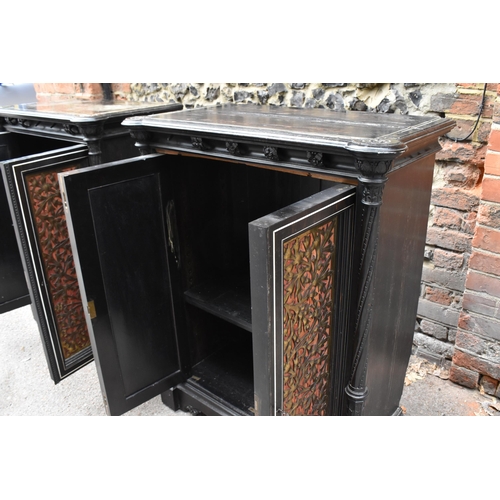 250 - A pair of 19th century Ceylon ebonised, ivory and brass inlaid side cabinets, the rectangular top wi... 