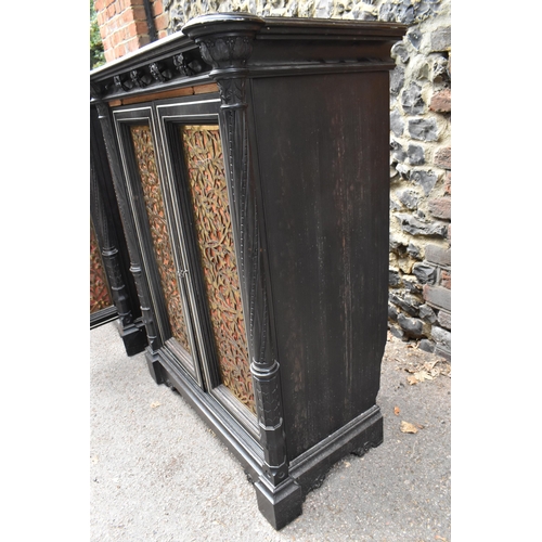 250 - A pair of 19th century Ceylon ebonised, ivory and brass inlaid side cabinets, the rectangular top wi... 