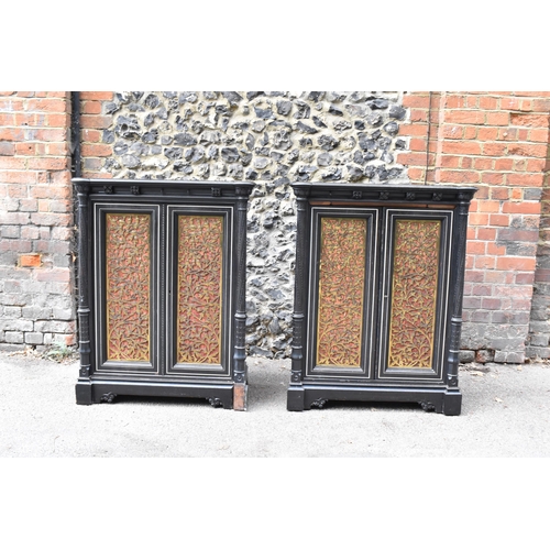 250 - A pair of 19th century Ceylon ebonised, ivory and brass inlaid side cabinets, the rectangular top wi... 