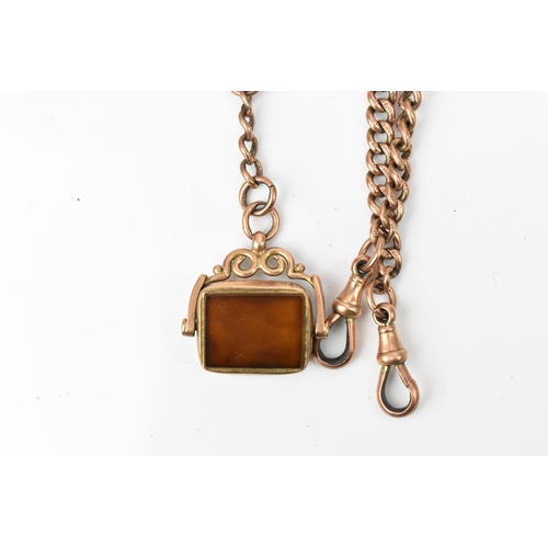 75 - A 9ct gold curb link pocket watch chain having two dog clip clasps and a 9ct gold swivel fob seal, 4... 