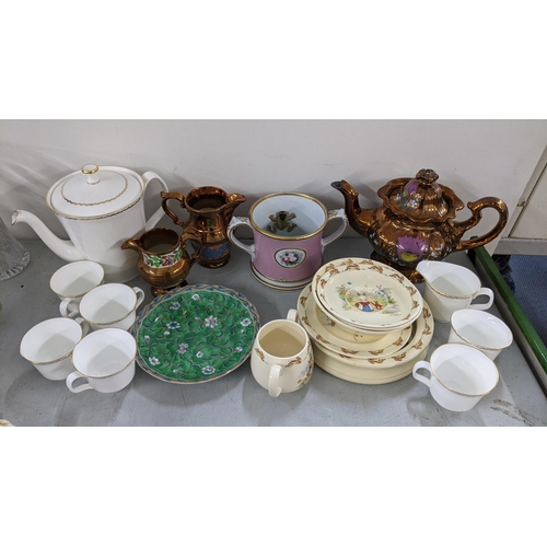 303 - A mixed lot to include a Victorian frog mug, lustre tea pot, Bunnykins china, Minton Regal tea servi... 