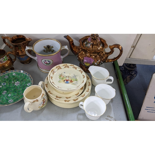 303 - A mixed lot to include a Victorian frog mug, lustre tea pot, Bunnykins china, Minton Regal tea servi... 