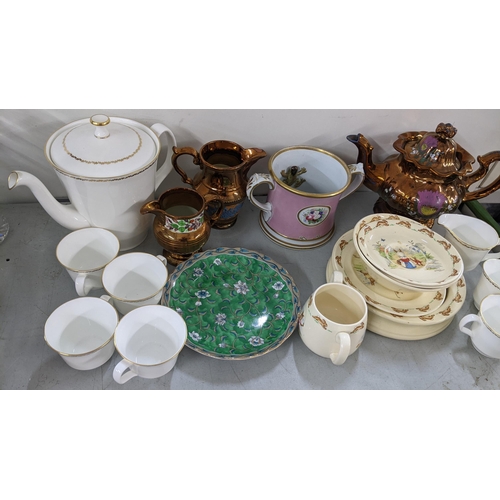 303 - A mixed lot to include a Victorian frog mug, lustre tea pot, Bunnykins china, Minton Regal tea servi... 