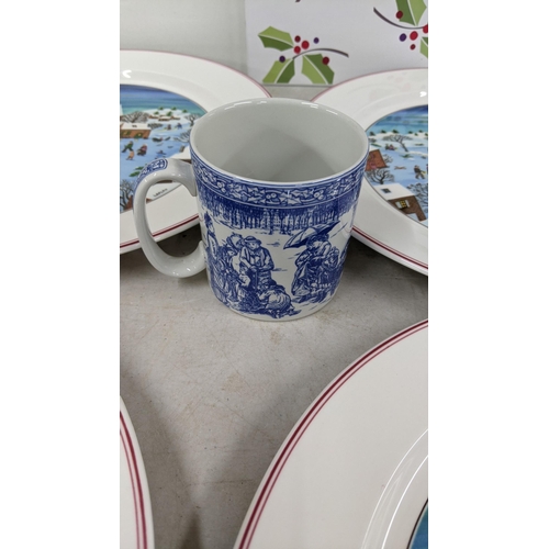 315 - Christmas related ceramics and glassware to include Villeroy & Boch Naif Christmas plates, a cake pl... 