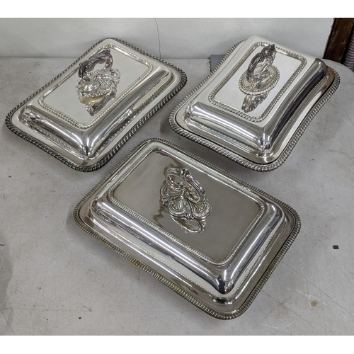 318 - Three early 20th century silver plated entree  dishes, two having gadrooned rims and one other
Locat... 