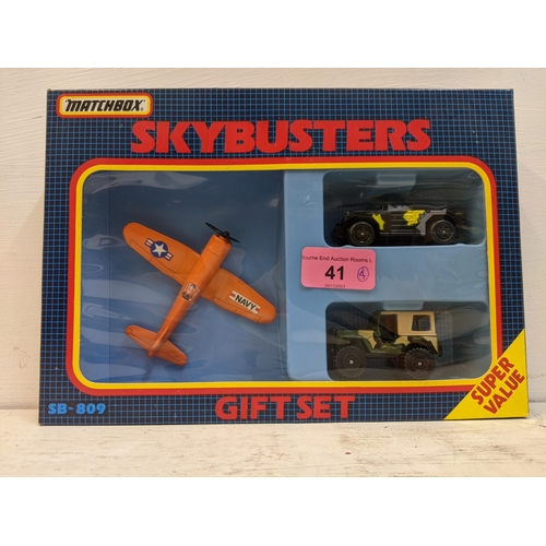 41 - Four Matchbox Skybusters gift sets to include a US Navy plane with an armoured vehicle and jeep, a p... 
