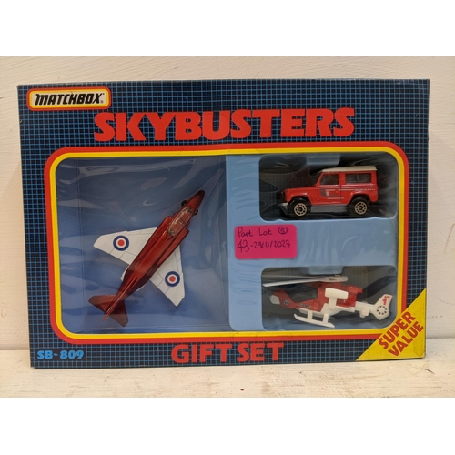 43 - Five Matchbox Skybusters gift sets to include an RAF fighter jet with a Land Rover and a Sheriffs he... 