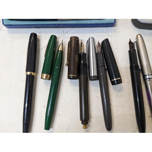 6 - Seven Parker fountain and ballpoint pens to include a Duofold and another with 14ct gold nibs, a Men... 