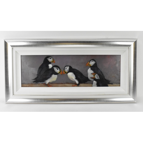 141 - David Gainford (b. 1941) British 
depicting five puffin birds against a grey/purple background, sign... 