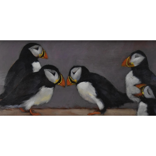 141 - David Gainford (b. 1941) British 
depicting five puffin birds against a grey/purple background, sign... 