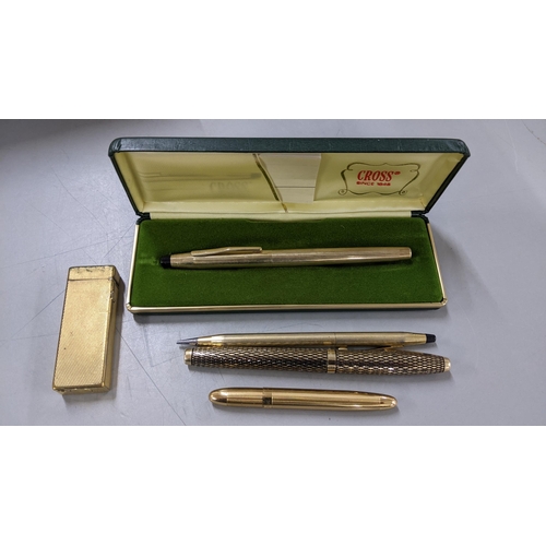 23 - A Shaffer Triumph Imperial gold plated fountain pen, a Cross century ballpoint and rollerball, a s p... 